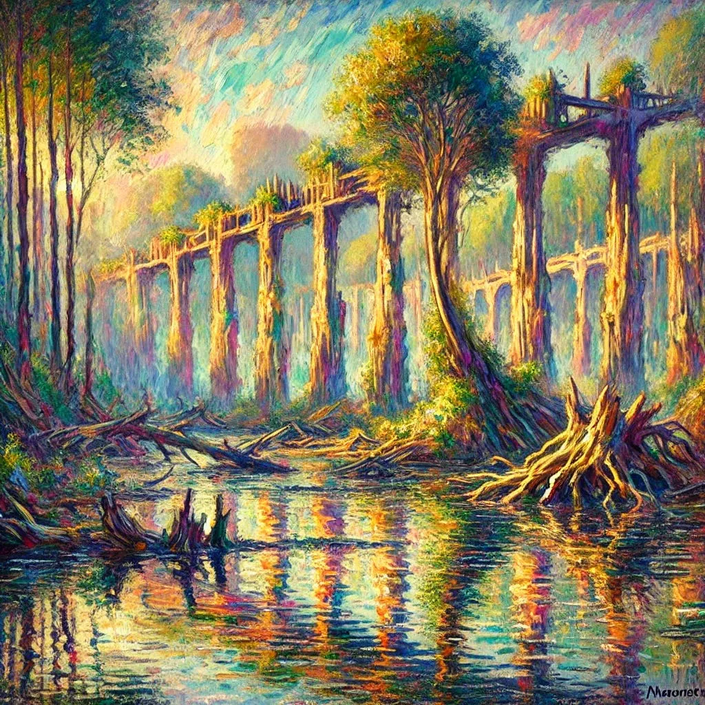 Impressionist painting of tall, crumbling wooden structures overgrown with trees, standing in a swamp full of fallen logs and bright reflections.