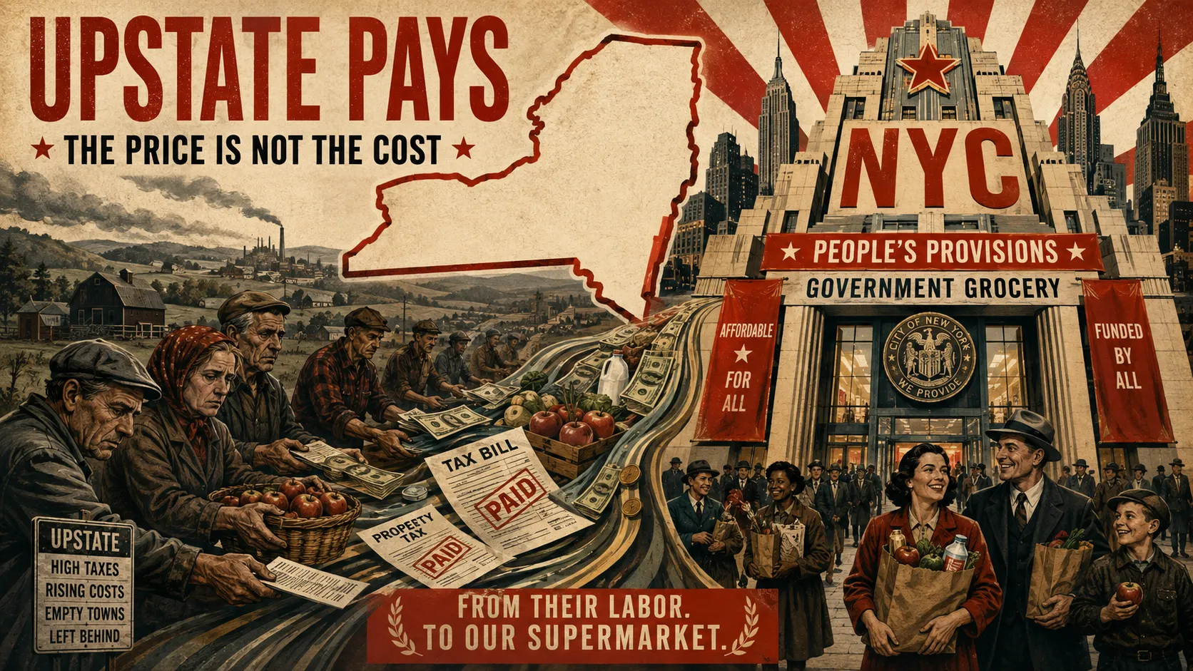 Poster reading "Upstate pays: the price is not the cost," showing upstate farmers and taxpayers funding a city government grocery.