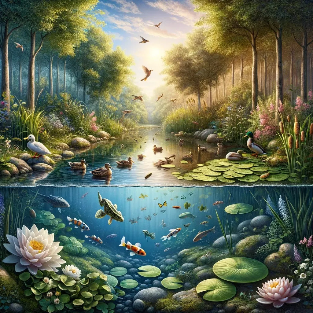 Cutaway view of a thriving pond: ducks and birds above the surface among the trees, fish and a turtle swimming among lily pads and stones below.