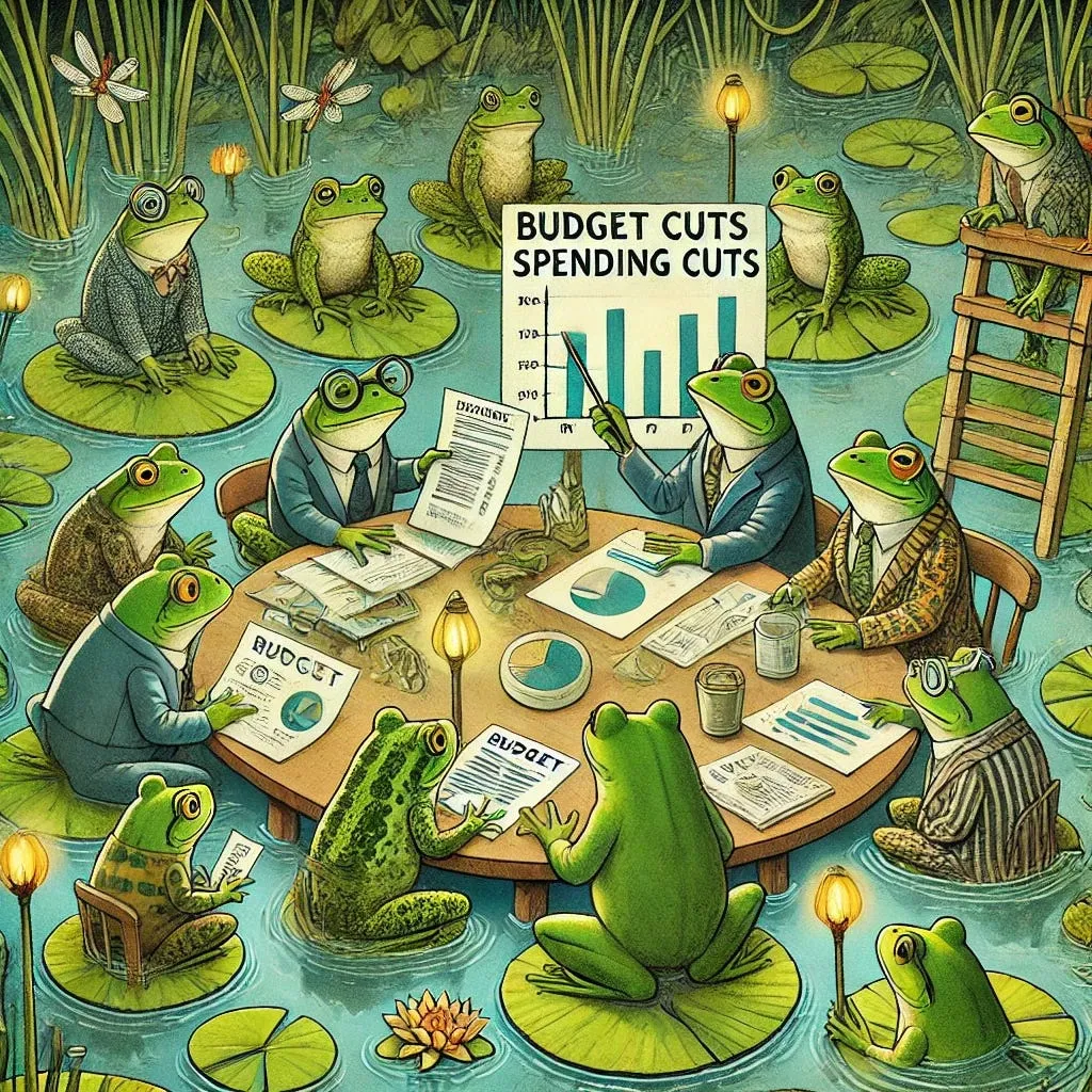 Frogs in suits and glasses meet around a table in a pond, studying budget papers while one points to a chart labeled budget cuts, spending cuts.