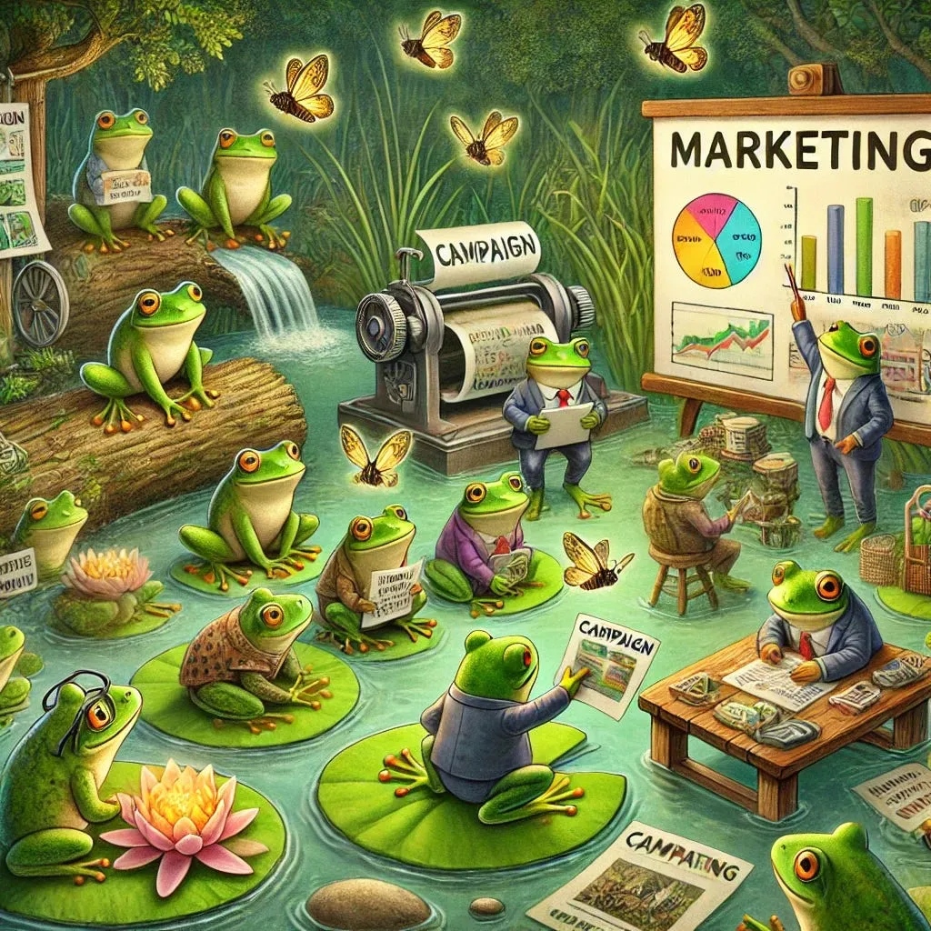 Frogs run a marketing campaign in a pond: one in a suit presents charts on a marketing board while a printing press rolls out campaign posters.