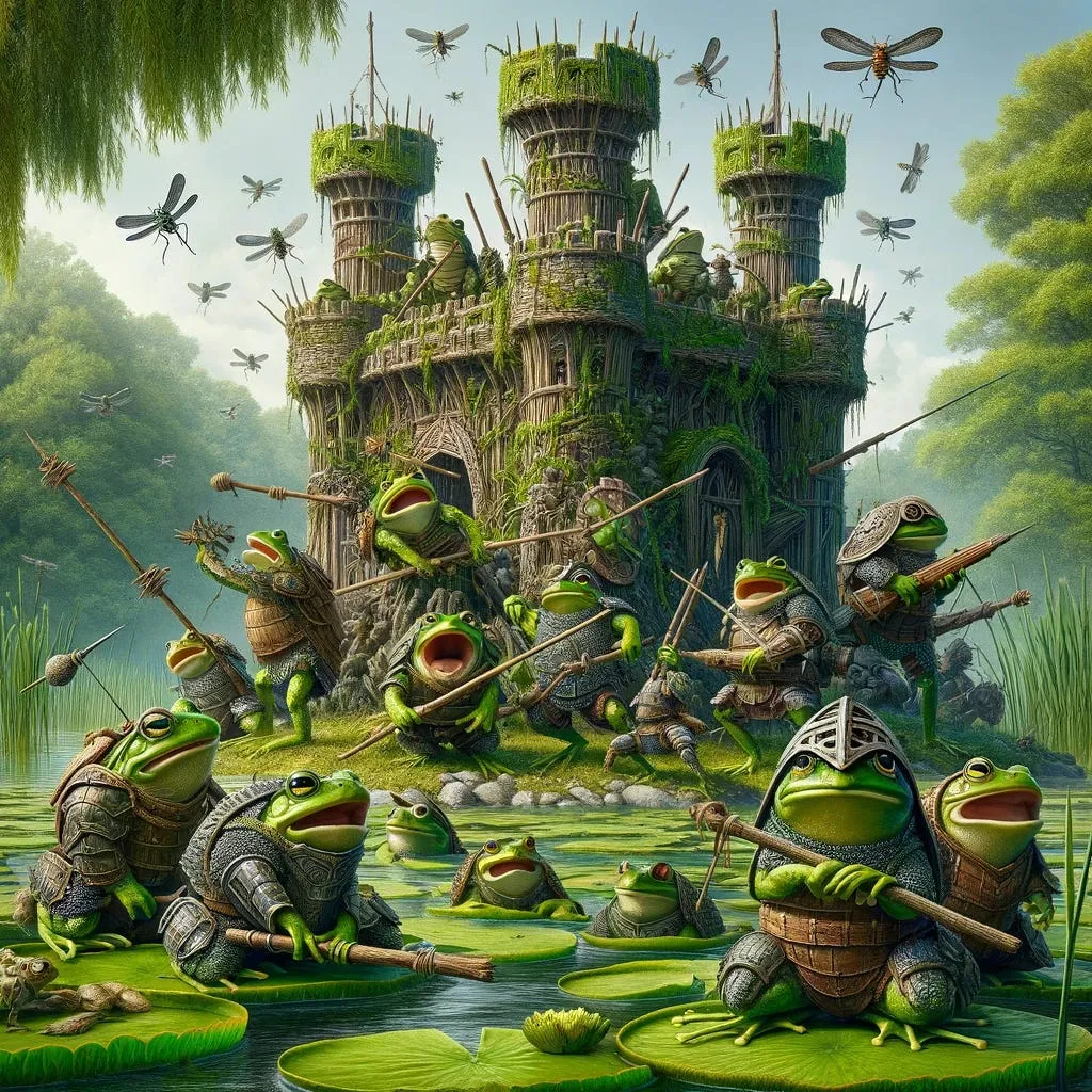 Frogs in armor with spears guard a moss-covered wooden castle rising from a pond, as dragonflies circle overhead.