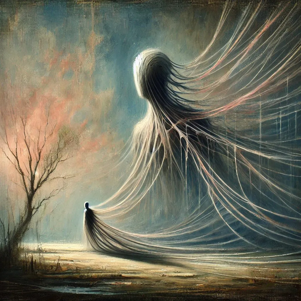 A tiny cloaked figure stands in a bleak landscape, joined by long flowing strands to a towering, faceless shadow looming behind it.
