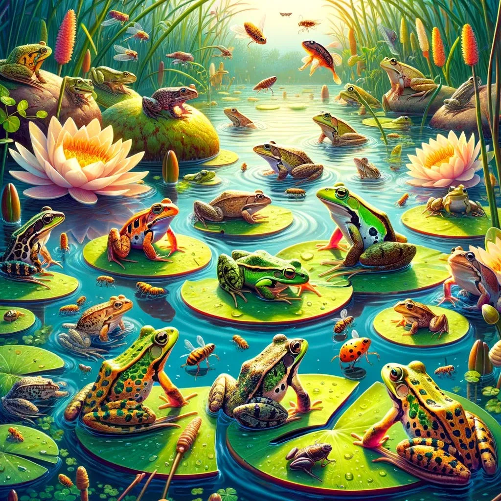 Many kinds of frogs sit on lily pads in a crowded, colorful pond full of insects and water lilies.