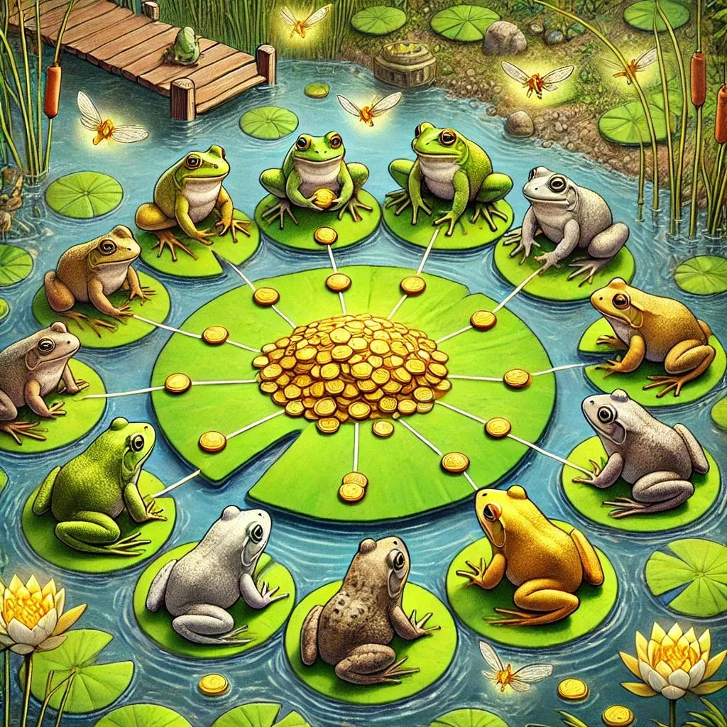 Frogs on lily pads sit in a ring around a pile of gold coins on a central pad, each linked to it by a trail of coins.