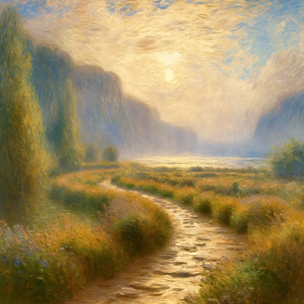 Impressionist painting of a winding path through golden meadows toward a hazy, sunlit lake between tall cliffs.