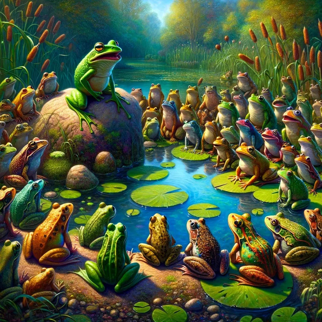 A green frog on a rock speaks to a large crowd of frogs gathered around a pond.