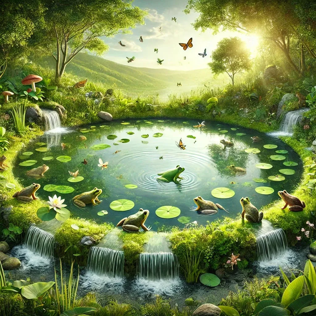 A lush, sunlit pond with frogs on its mossy banks, fed by small waterfalls at the back and spilling over its front edge into streams below.
