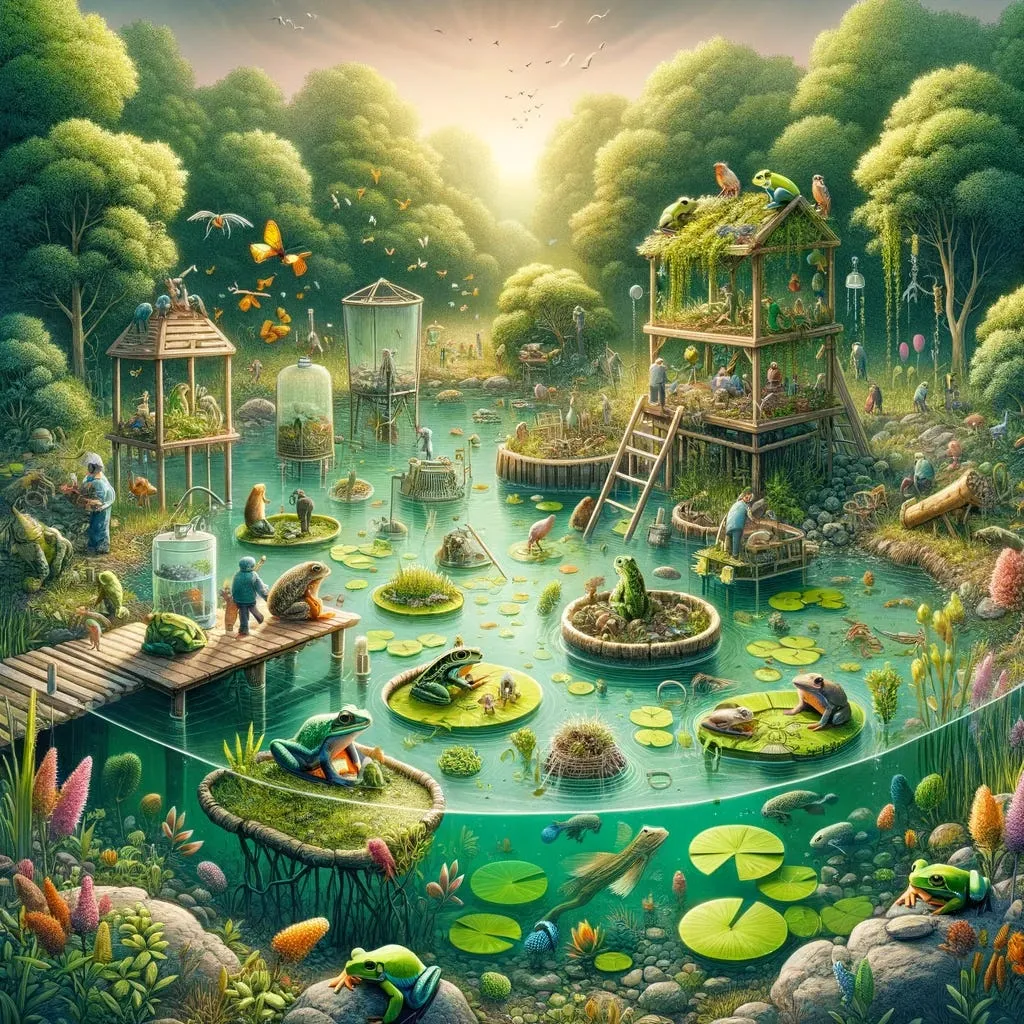 A busy pond where small people and frogs build and tend wooden platforms, glass terrariums and floating gardens, with fish and plants visible below the surface.