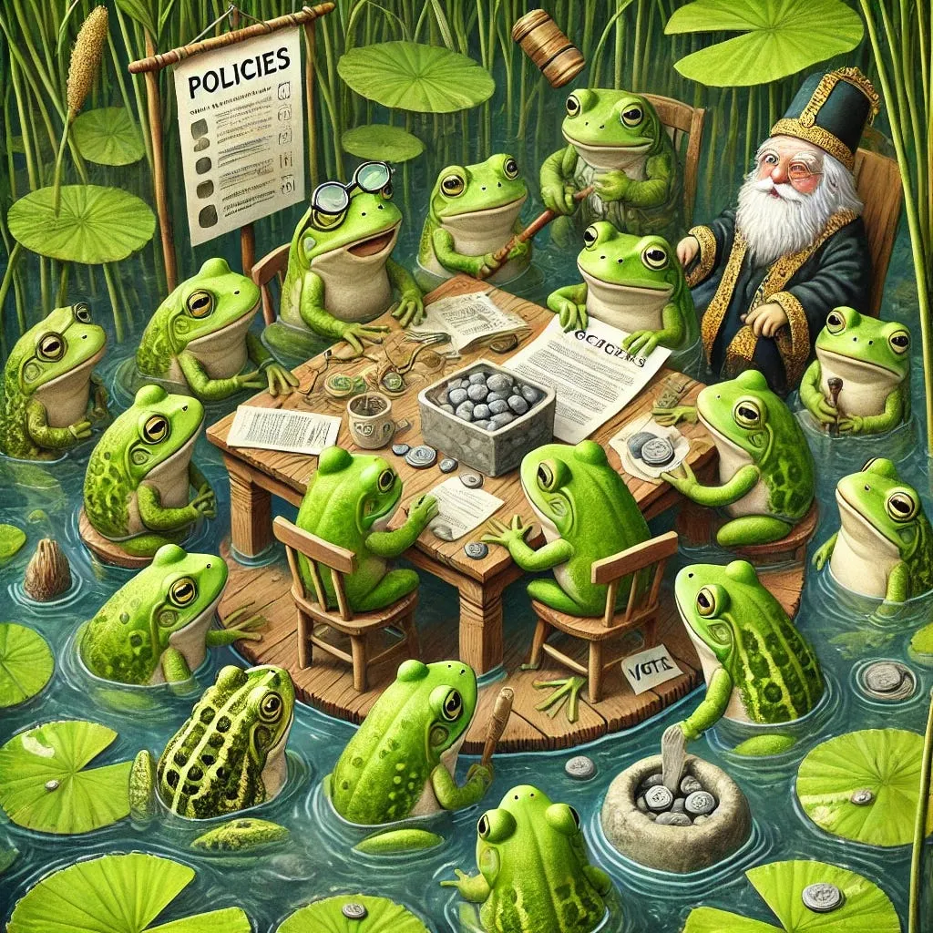 Frogs crowd around a table in a pond with a policies sign, a box of voting stones and a gavel, while a robed old man with a white beard watches from the side.