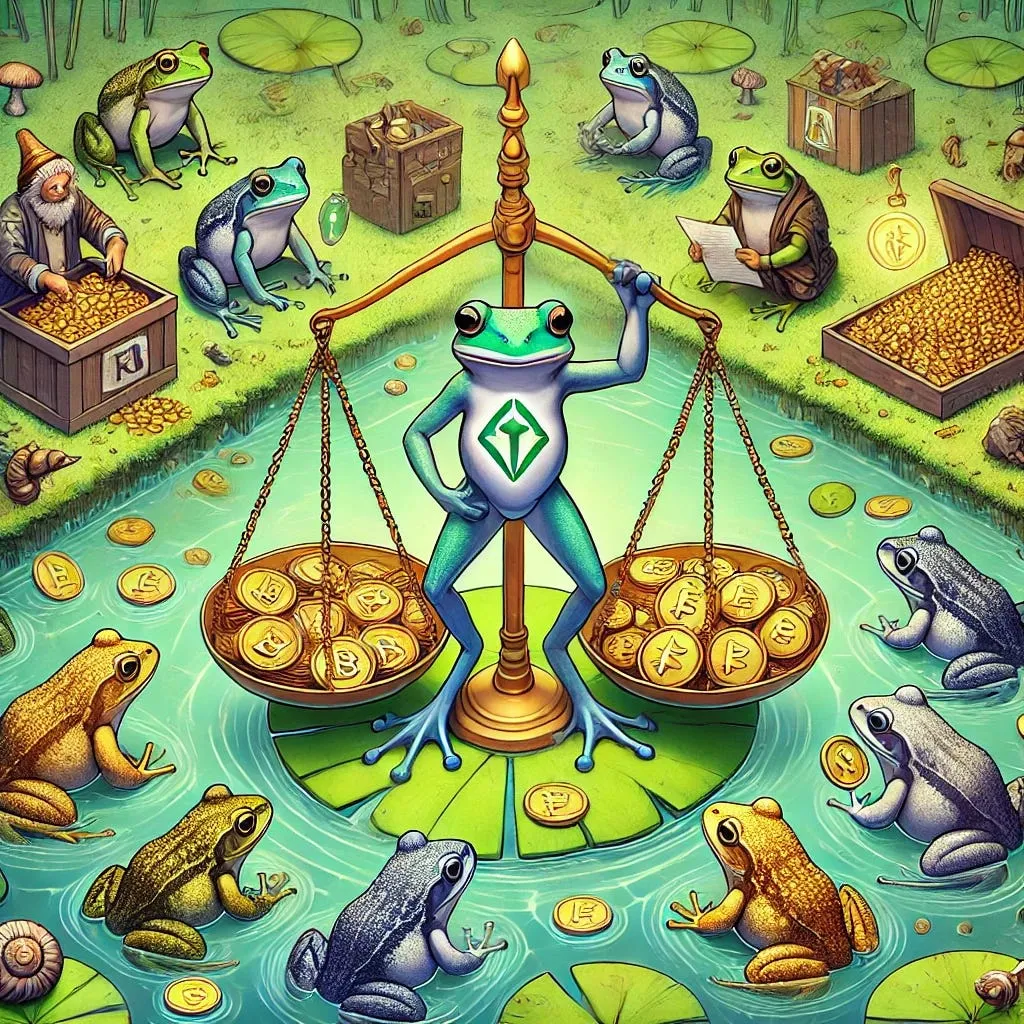 A frog stands on a lily pad holding balanced scales with gold coins in each pan, surrounded by other frogs and open chests of treasure.