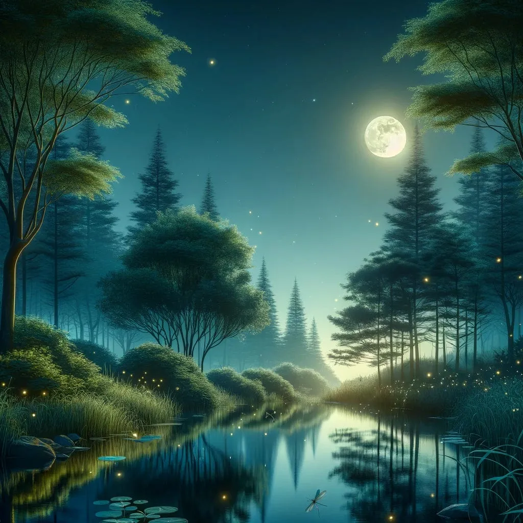 A calm pond at night under a full moon, ringed by tall pines and dotted with fireflies reflected in the still water.