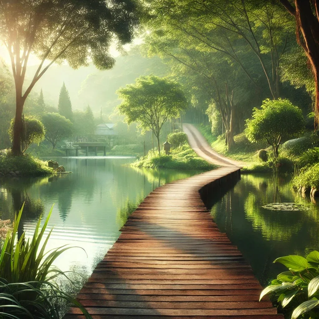 A wooden boardwalk crosses a calm, green lake and turns into a dirt path winding into a sunlit forest.