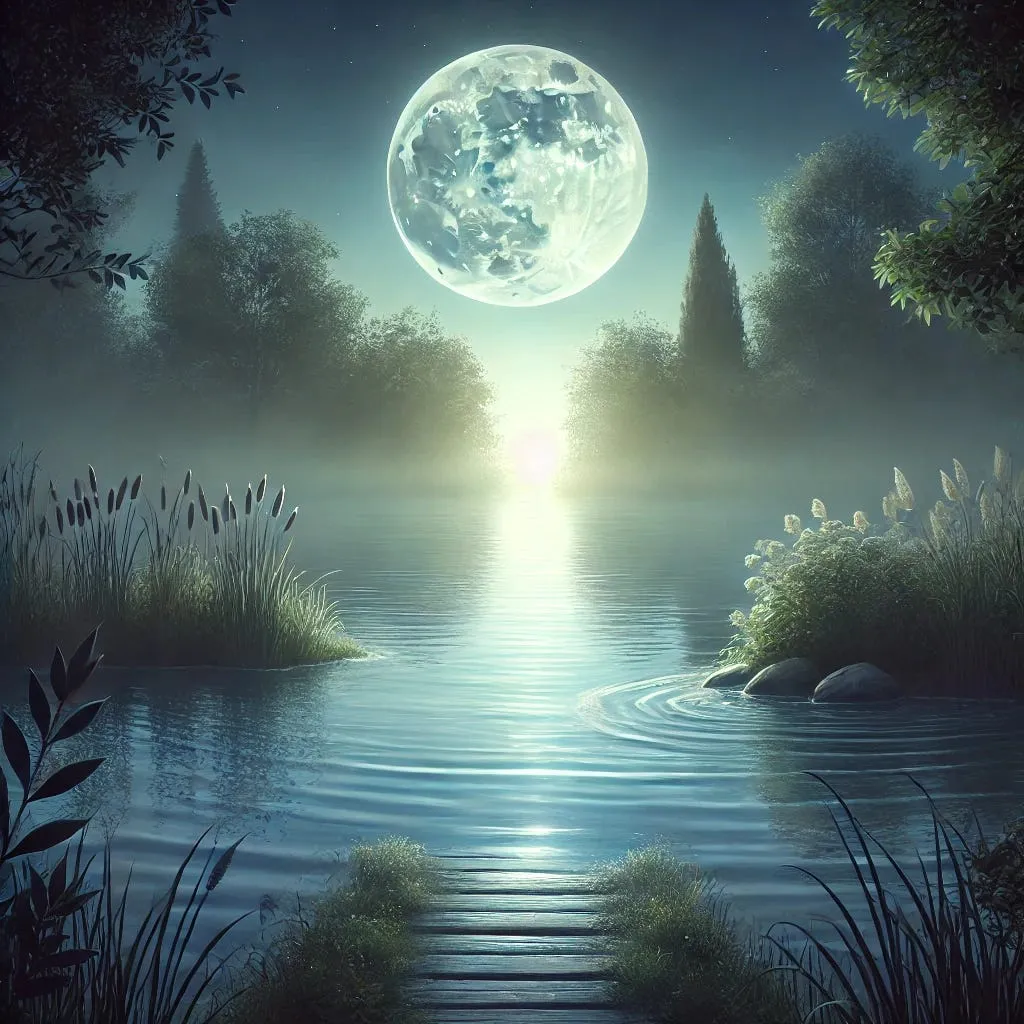 A full moon glows over a misty pond at night, its light reflected across the water beyond a small wooden dock.
