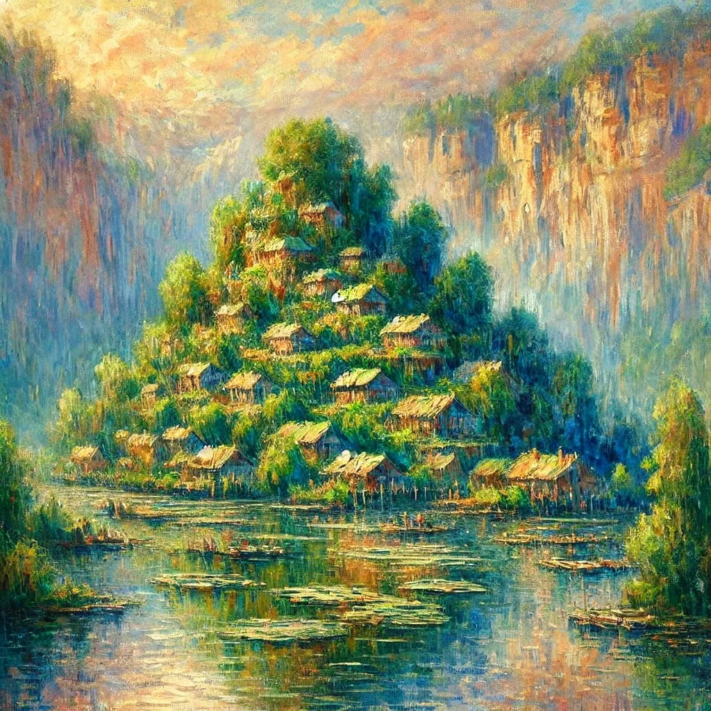 Impressionist painting of a village of thatched huts climbing a wooded hill above a still lake, framed by tall cliffs.