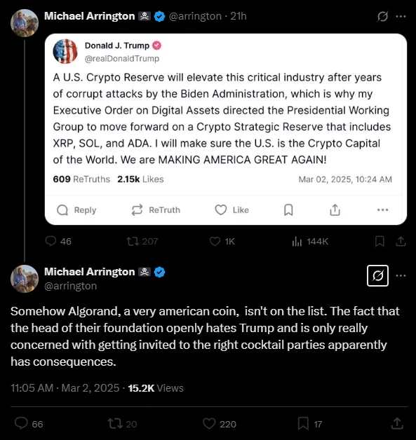 Screenshot of a Michael Arrington post quoting a Trump announcement of a US crypto reserve with XRP, SOL and ADA, and claiming Algorand, a very American coin, was left out because its foundation head openly hates Trump.
