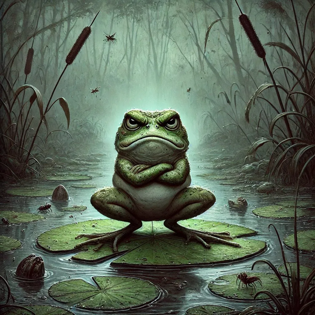 A scowling frog sits with its arms crossed on a lily pad in a dark, misty swamp.