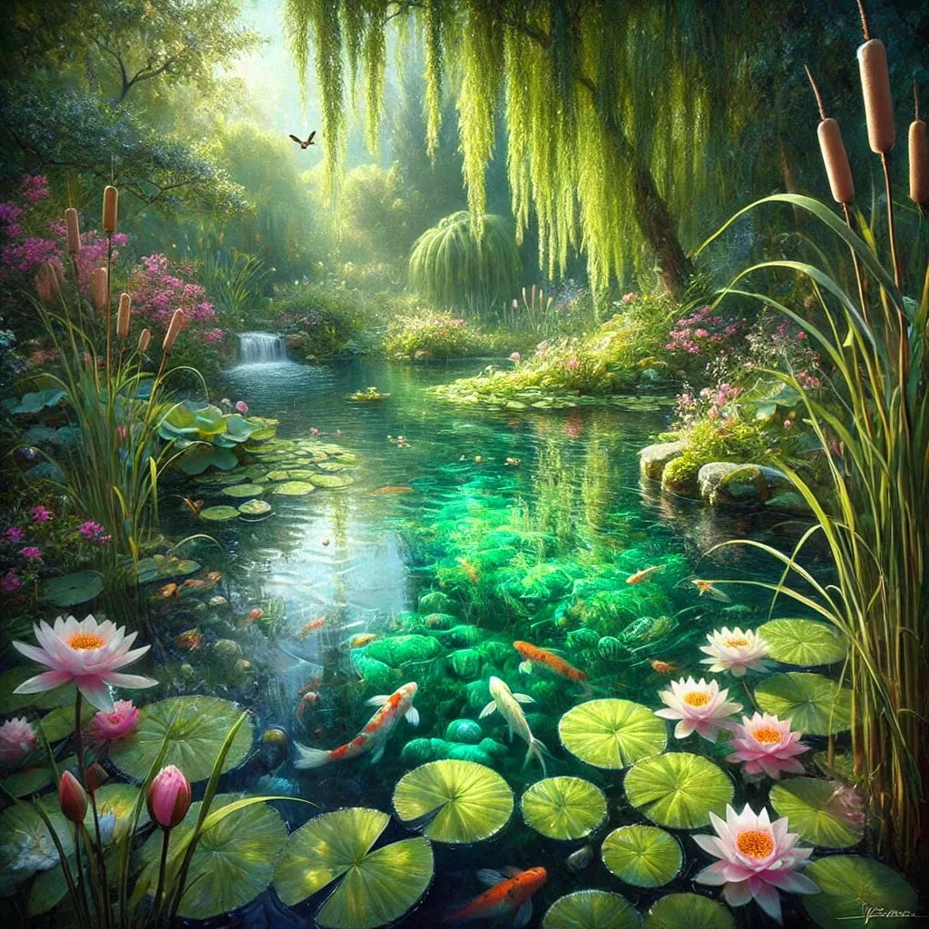 A lush, sunlit pond under a weeping willow, with koi swimming in clear water among lily pads, pink water lilies and cattails.