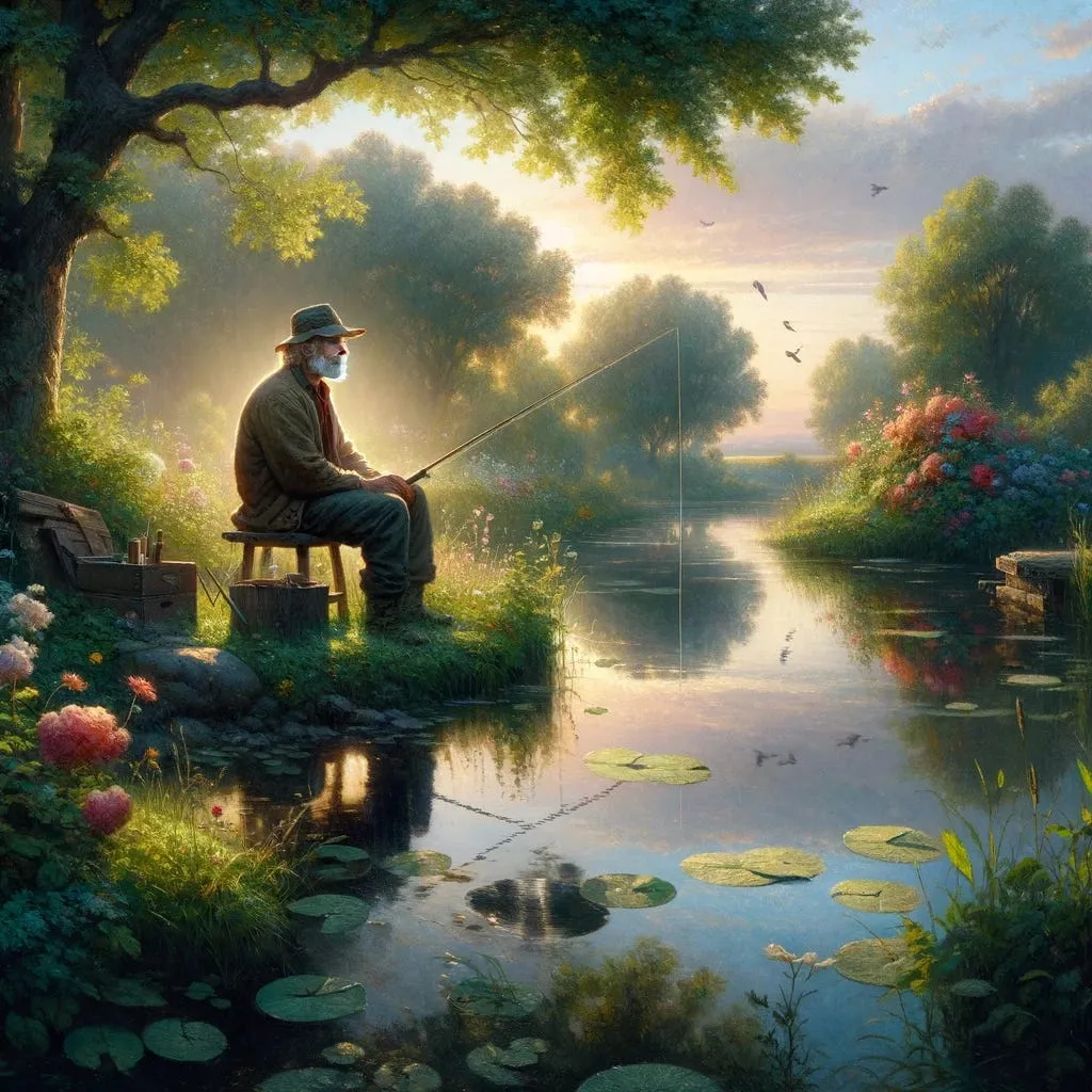 An old bearded man in a hat sits on a stool under a tree, fishing in a calm, lily-covered pond in soft golden light.