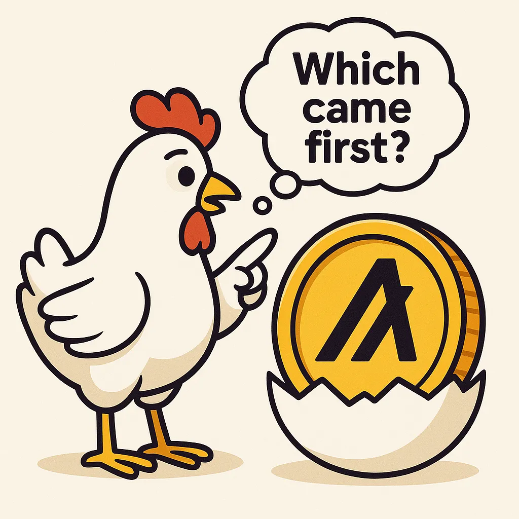 Cartoon chicken pointing at a gold Algorand coin in a cracked eggshell, with a thought bubble asking which came first.