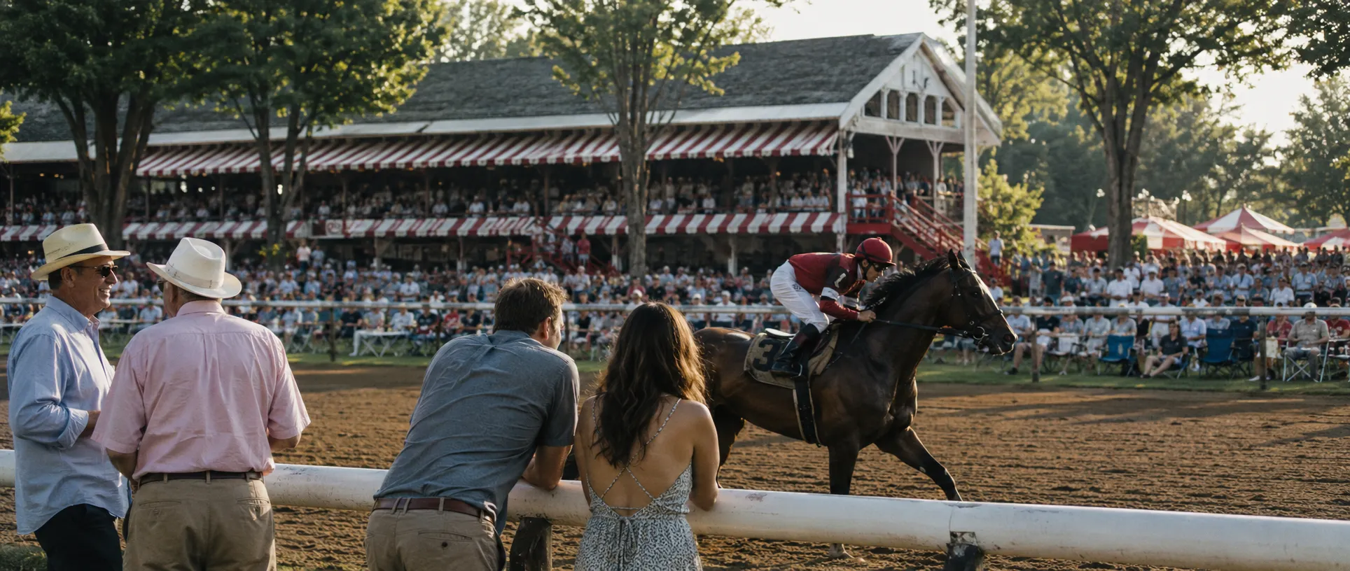 Spectators leaning on the rail at Saratoga as a horse and jockey come past the grandstand.