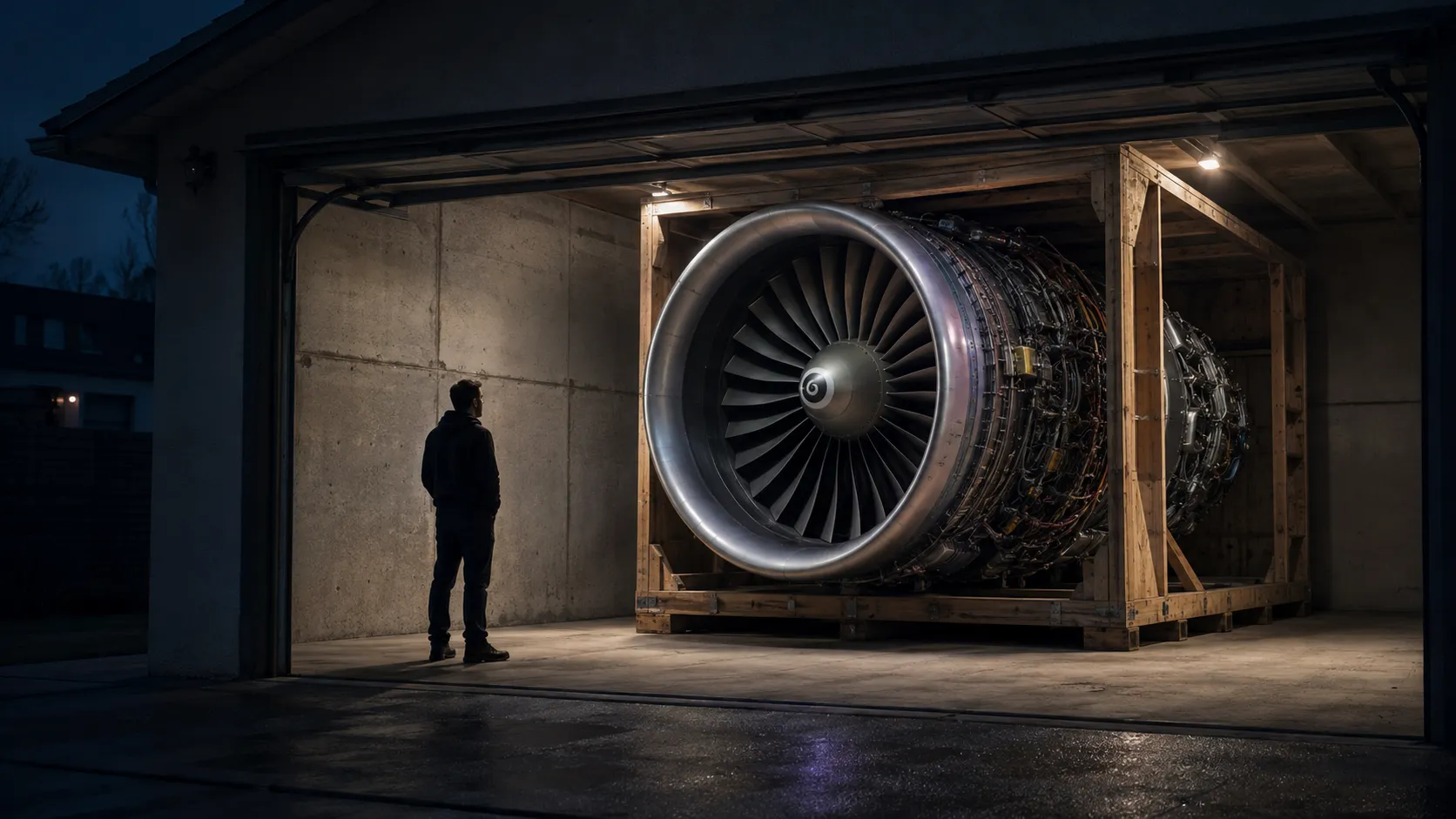 A man stands in an open garage at night, looking up at a huge jet engine sitting in a wooden shipping crate.