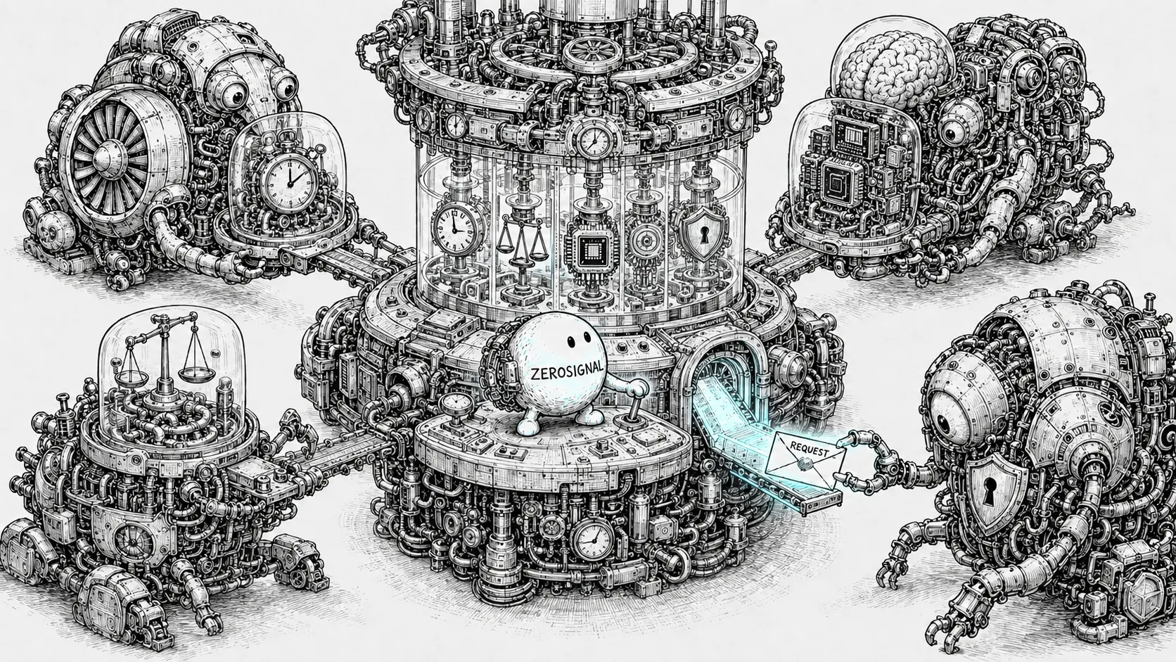 A pen-and-ink drawing of four intricate machine creatures, each guarding one part of a transaction, arranged around a central ZeroSignal engine. One hands over a glowing sealed envelope marked REQUEST.