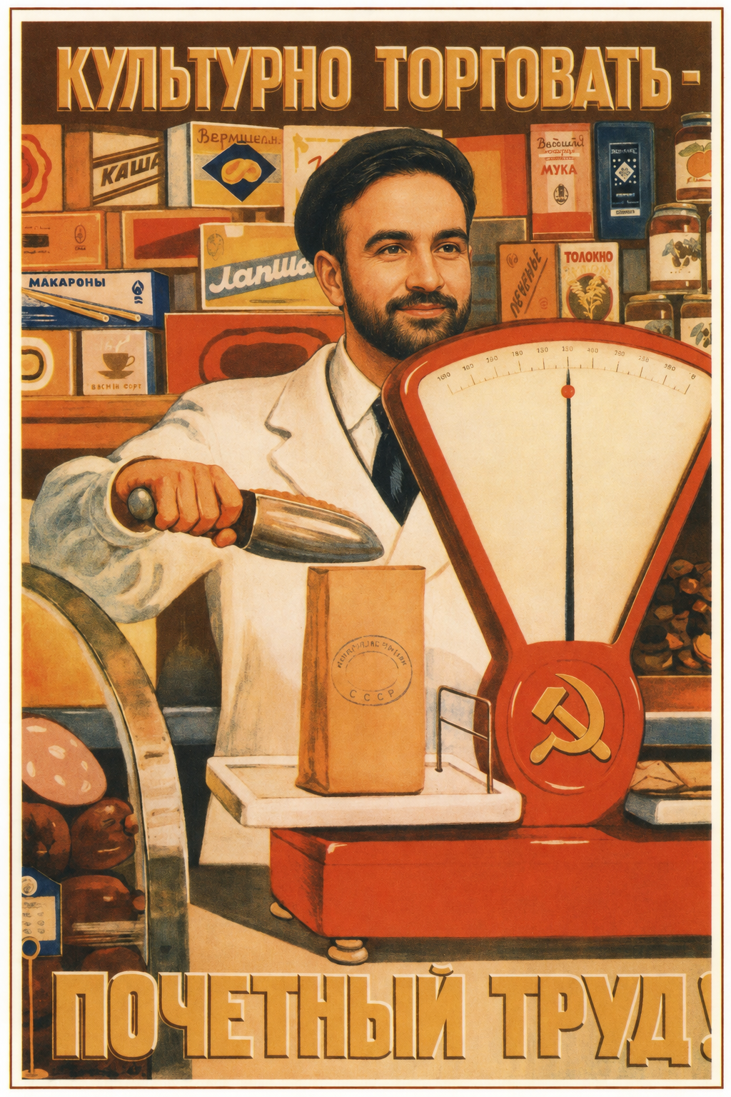 An edited Soviet retail poster ("To trade culturally is honorable labor!"), with Mamdani in place of the shopkeeper.