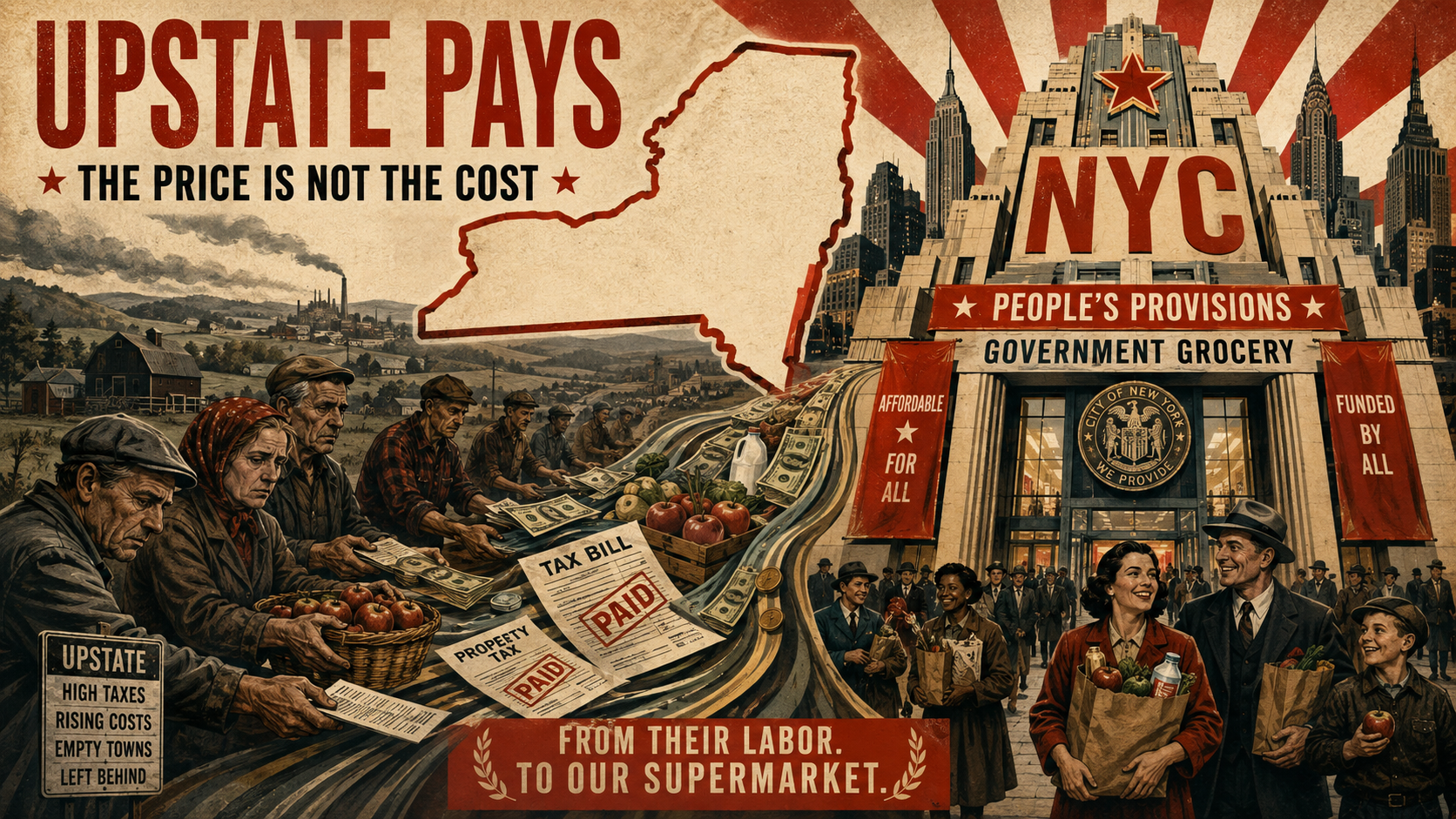 Poster reading "Upstate pays: the price is not the cost," showing upstate farmers and taxpayers funding a city government grocery.