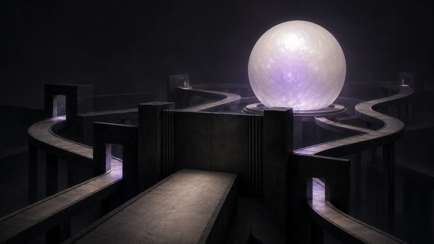 Every road in a dark concrete maze curving toward a single glowing sphere at the center.